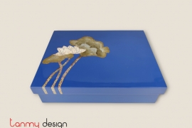 Blue lacquere rectangular box containing knife and  plate hand-painted with lotus